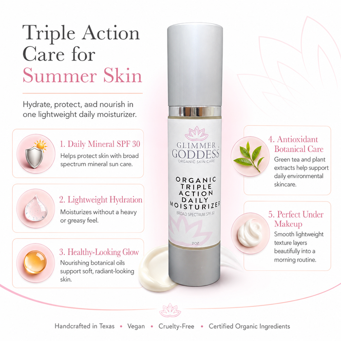 Organic SPF 30 moisturizer from Glimmer Goddess® with triple action formula, featuring smooth texture and natural ingredients.