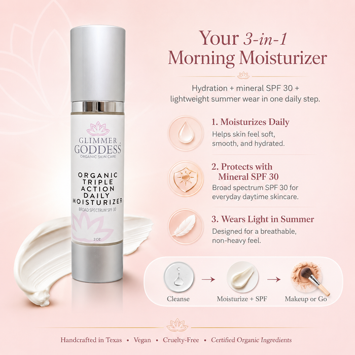 Organic SPF 30 Triple Action Daily Moisturizer by Glimmer Goddess® Organic Skin Care, showing a tube with a sunny, summer-themed background.