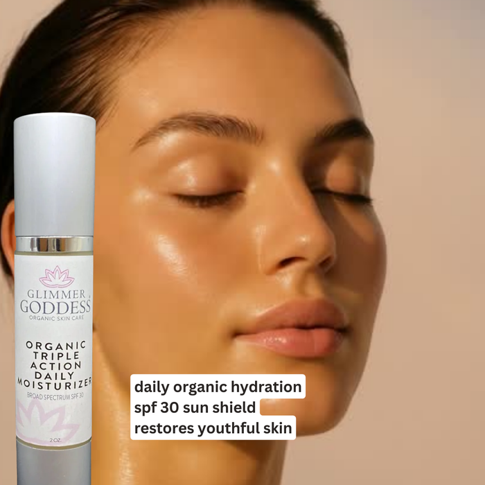 Glimmer Goddess Organic Skin Care Triple Action Daily Moisturizer with SPF 30, showing the product bottle with labels and packaging.