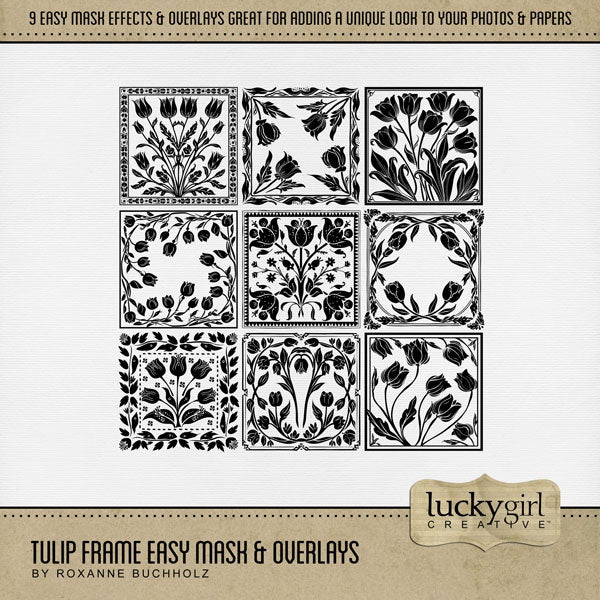 Create your own unique photo frames with these stylish floral easy masks and overlays by Lucky Girl Creative digital art for digital scrapbooking inspired by the Dutch tulip farms in The Netherlands. Fill the frames with your favorite color, photo, or paper. Great for vacations and holidays to Amsterdam, Holland, and Germany! In Photoshop, add the photo mask to your page, overlay with your favorite photo or photo, and create a clipping path for a stunning result.