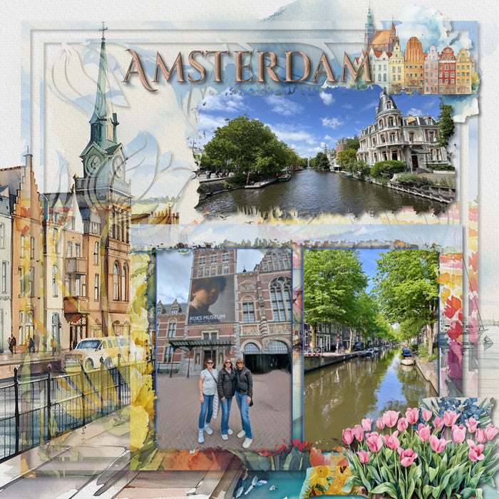Create stylish digital scrapbooking pages of your vacation or holiday to Amsterdam, Holland, or The Netherlands with these beautiful watercolor embellishments, papers, and tulip overlays by Lucky Girl Creative digital art. Great for spring flower garden pages, too! Embellishments include bird, egret, heron, swan, cow, deep, fish, fox, Highland cow, seal, architecture, building, home, house, bag, bicycle, flag of The Netherlands, river boat, cruise, bridge, castle, beer, Dutch children, wooden shoes, tulips.