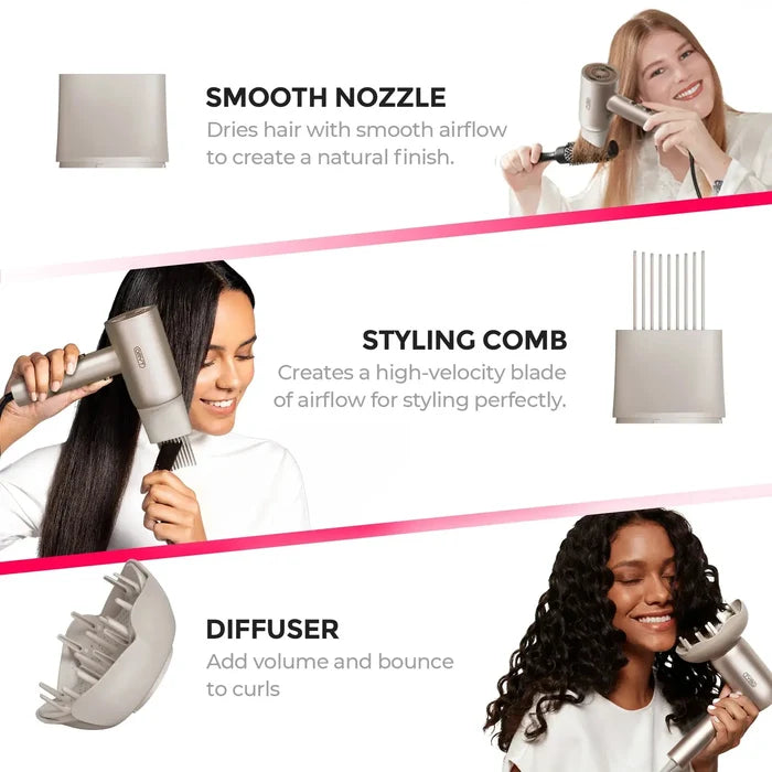 TYMO AIBLISS blow dryers for hair come with 3 attachments: smooth nozzle, styling comb, and diffuser for versatile looks.