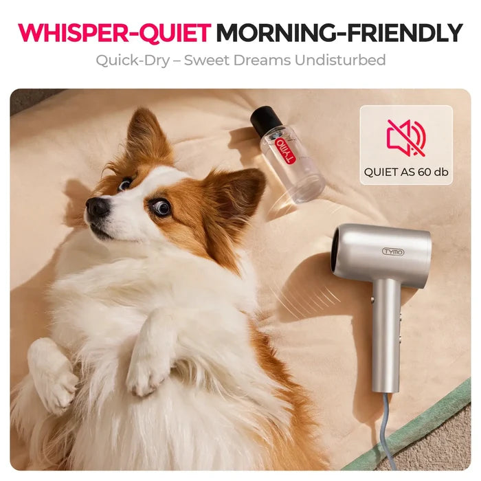 The TYMO AIBLISS cool air dual styler delivers 60 dB quiet operation for morning use without disturbance.