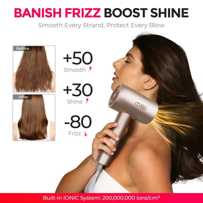 With 200 million ions/cm³, the TYMO AIBLISS best ionic blow dryer reduces 80% frizz while boosting smoothness and shine.