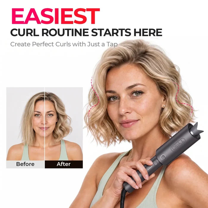 TYMO automatic curler before and after: easy one-tap styling transforms flat hair into defined, voluminous curls for beginners