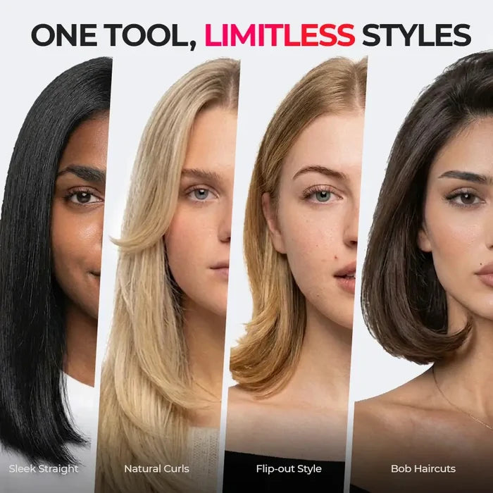 One TYMO styling brush creates limitless hairstyles: sleek straight, natural curls, flip-out look, bob haircut