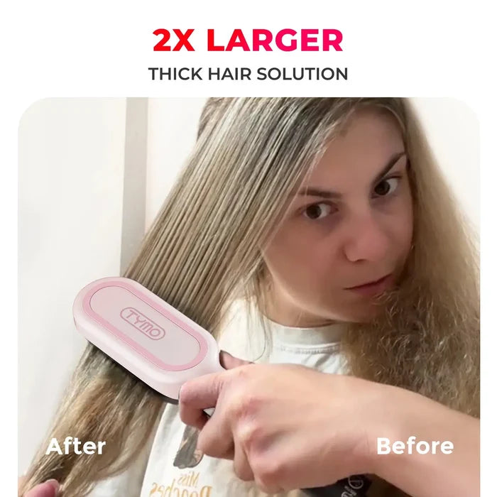 TYMO iONIC PLUS PINK straighten brush for thick hair, visible before‑and‑after results