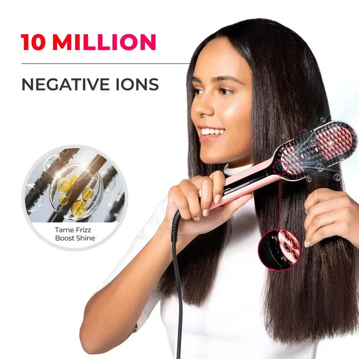 Sleek TYMO iONIC PLUS PINK brush that straightens hair with 30s heat‑up