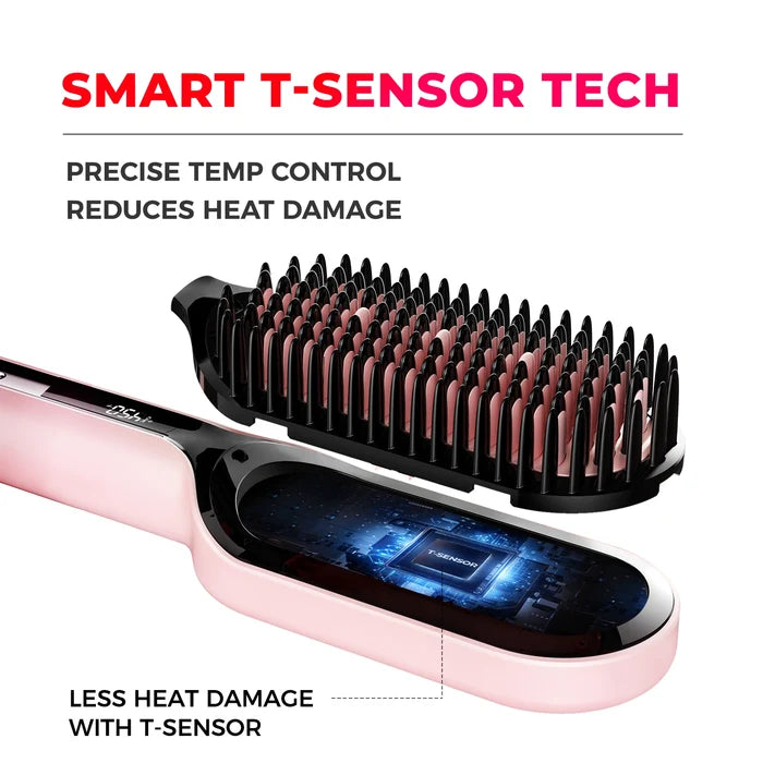 TYMO iONIC PLUS PINK straightening brush for curly hair, adjustable temperature