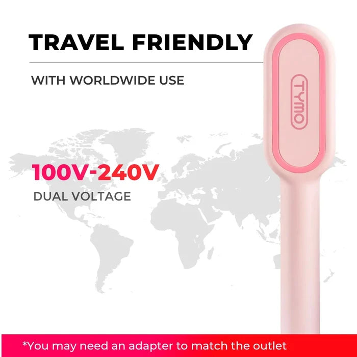 Travel TYMO iONIC PLUS PINK hot straightener brush with dual‑voltage compatibility