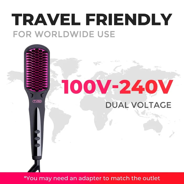Sleek TYMO iONIC hair brush straightener with dual‑voltage travel design