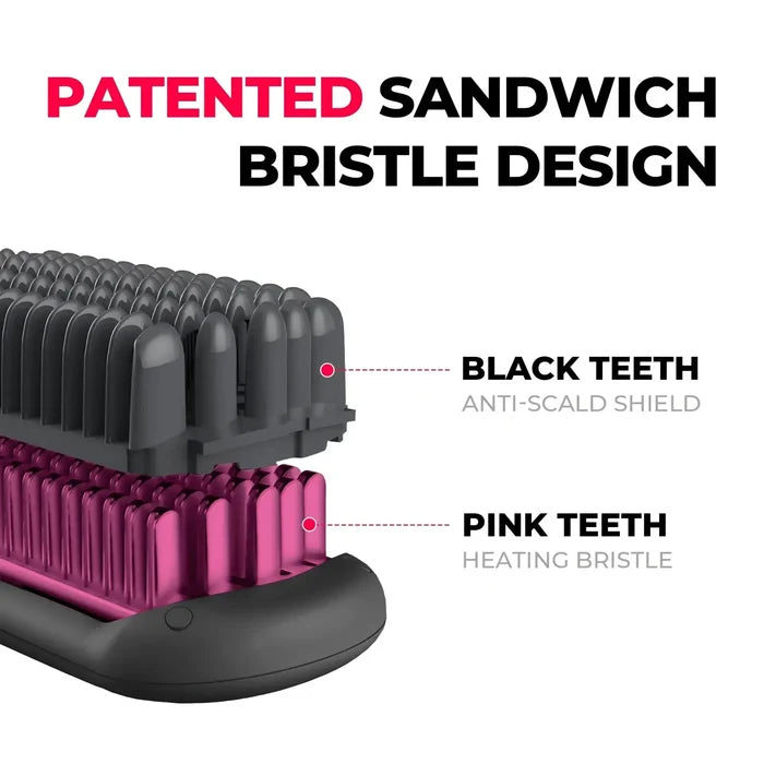 TYMO iONIC hot hair straightener brush with patented sandwich bristles