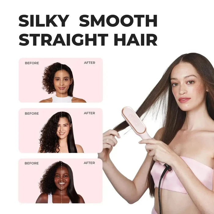 See before and after effects of TYMO RING pink straightening comb on different hair types.