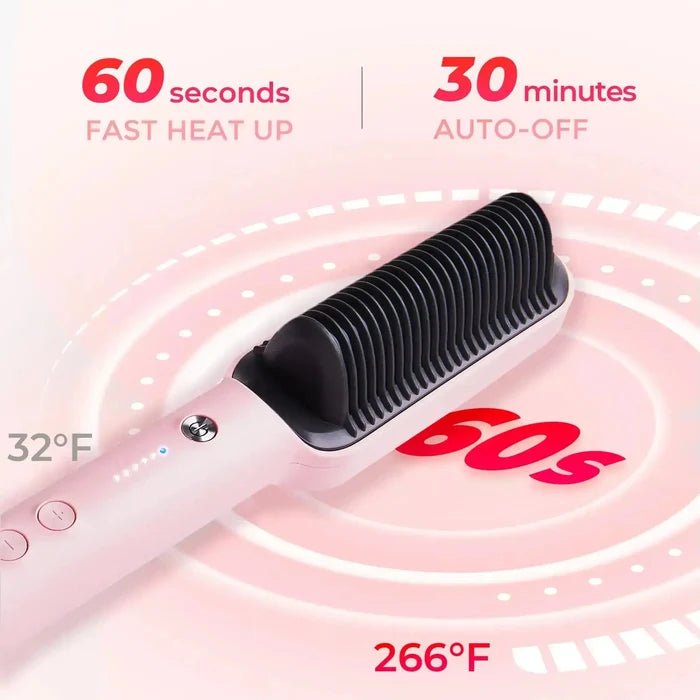 TYMO hair straightener brush displays a fast 60-second heat up and 30-minute auto-off safety feature.