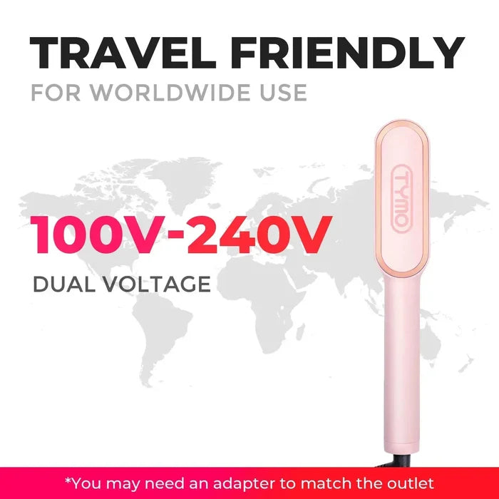 TYMO RING PINK hot comb with 100–240V dual voltage for travel-friendly styling.