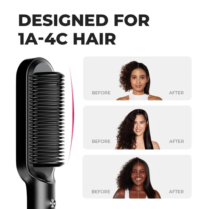 TYMO RING straightening comb for 1A-4C hair types with visible transformation results.