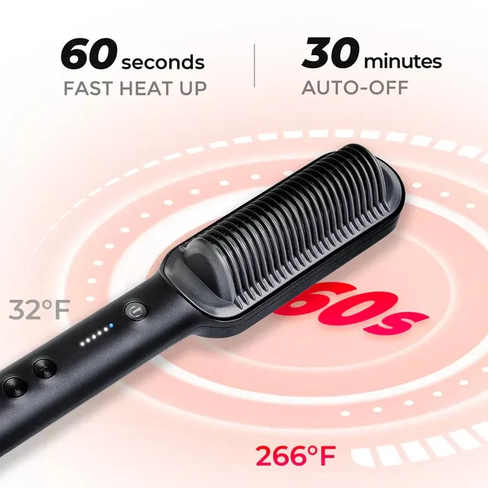 TYMO RING hair straightening comb with 60s fast heat-up and 30‑minute auto-off feature.