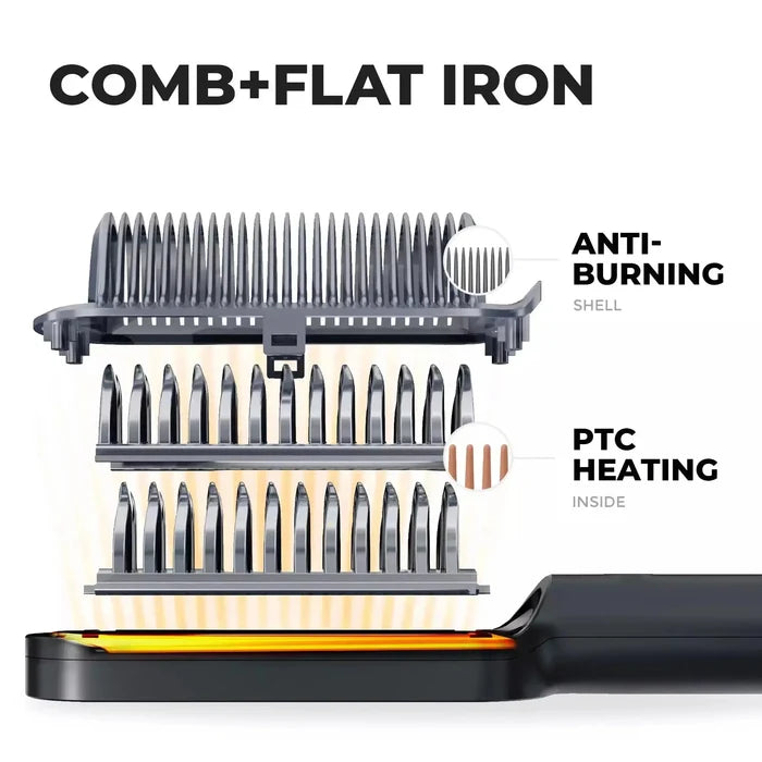 TYMO RING 2-in-1 comb & flat iron with anti-burn shell and PTC heating.
