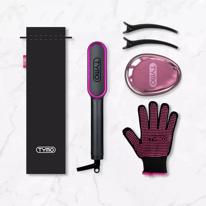 TYMO RING hair straightener brush package includes gloves, clips, travel case, and charging base for convenience.