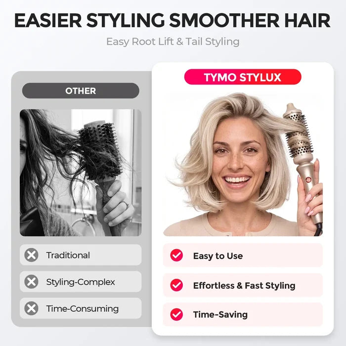 TYMO STYLUX easy-to-use hot air brush, effortless fast styling vs traditional complex tools