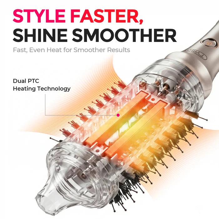 TYMO dual PTC heating technology styling brush, fast even heat for faster, smoother shine