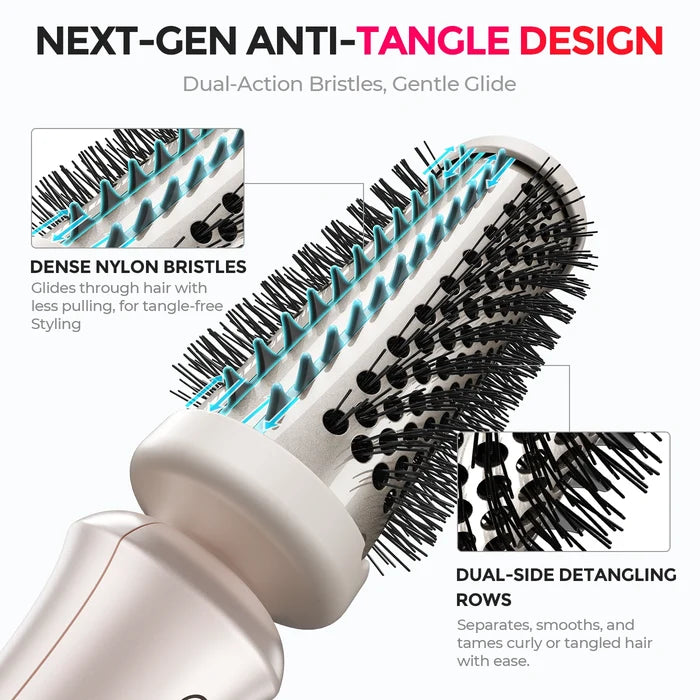 TYMO anti-tangle hair brush with dual-action nylon bristles, tangle-free styling technology