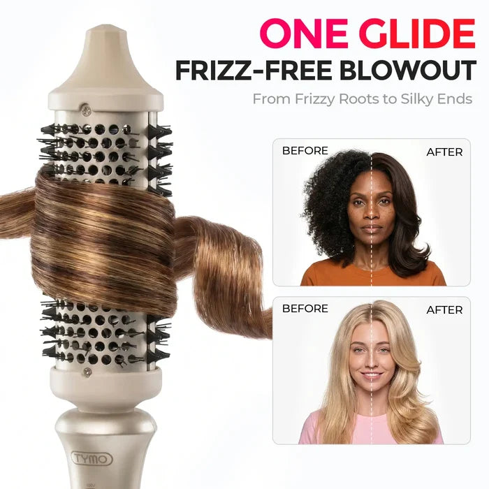 TYMO blowout brush before and after, one glide frizz-free smooth results on frizzy hair