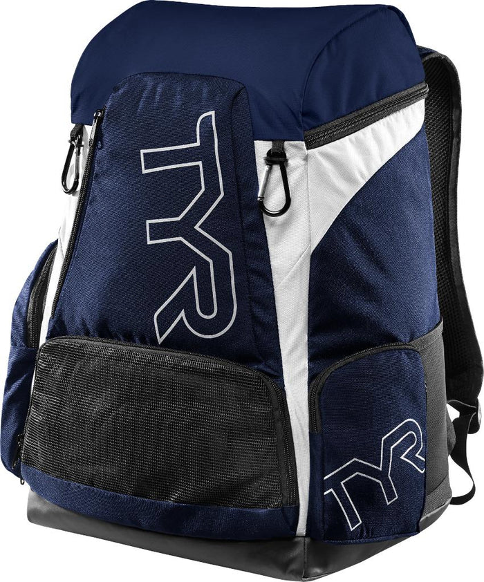 Navy blue TYR Alliance Team Backpack 45L with white mesh pockets