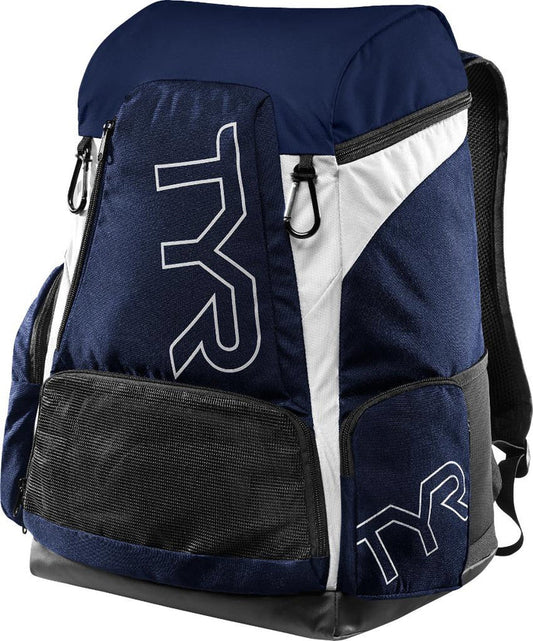 Navy blue TYR Alliance Team Backpack 45L with white mesh pockets