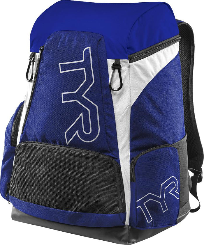 TYR Alliance Team Backpack 45L in blue and white with mesh pockets