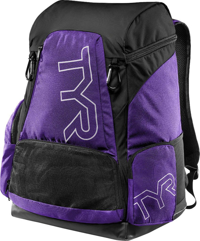 Purple and black TYR Alliance Team Backpack 45L with mesh pocket