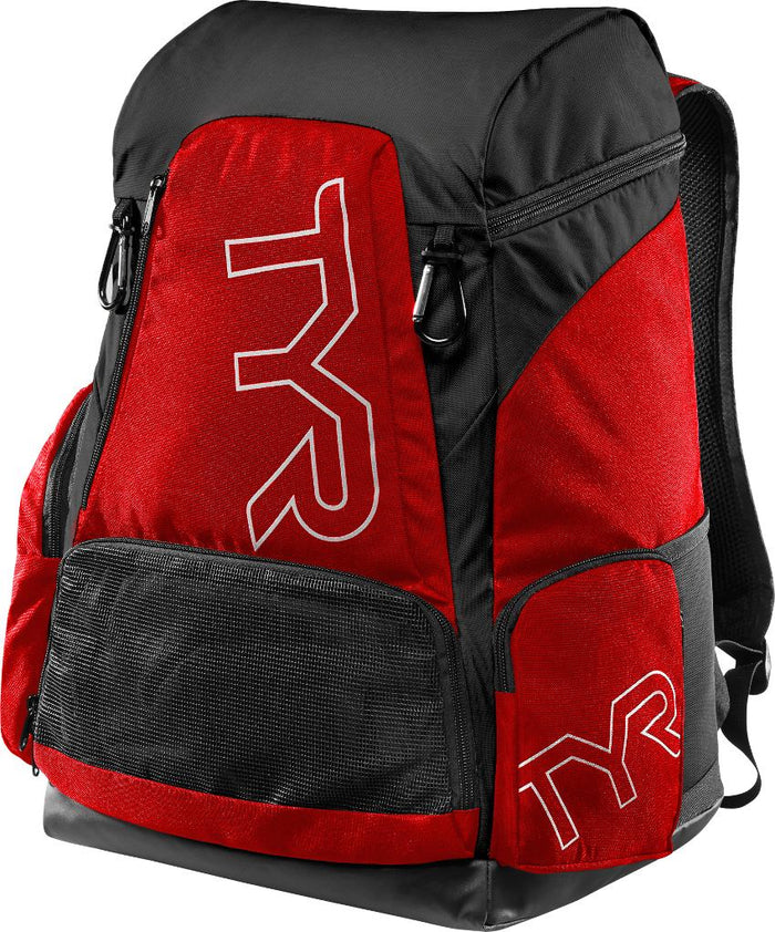 Red and black TYR Alliance Team Backpack 45L with white logo