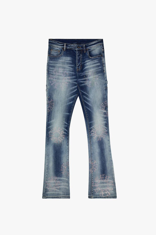 Front view of Valabasas 'Ringer' Dark Blue Wash Stacked Flare Jeans on a mannequin