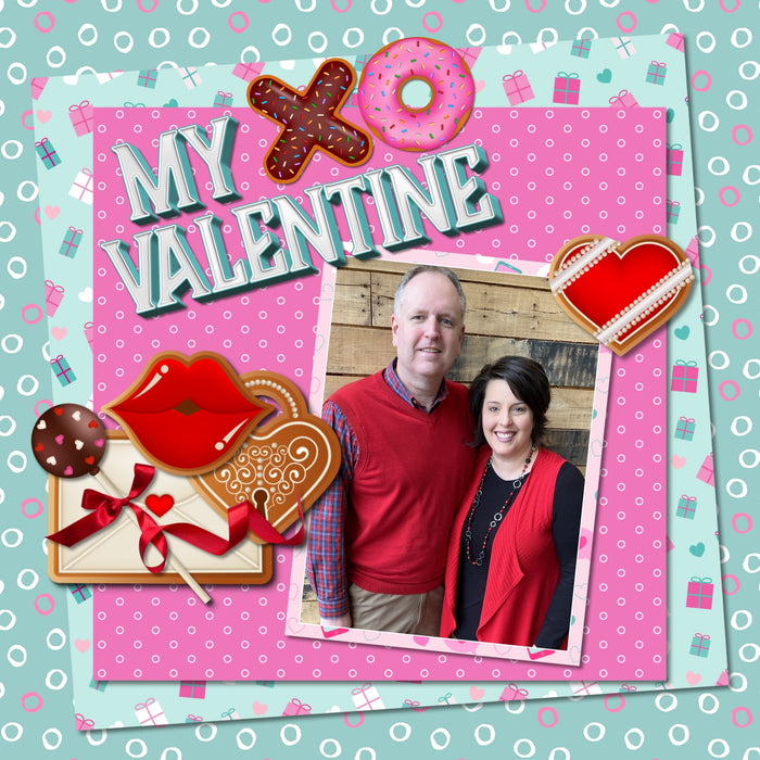 Add these sweet embellishments, patterned papers, clusters, and 2 alpha sets by Lucky Girl Creative digital art to all your holiday digital scrapbooking pages! In hues of pink, teal, and white, these sweet elements will add so much fun to all your Valentine's Day projects including greeting cards and holiday decor. Embellishments include cake pop, cake, candy cane, heart, candy corn, cookie, cupcake, donut, doughnut, peppermint, ribbon, candy, hard candy, sucker, lollipop, chocolate dipped strawberry.