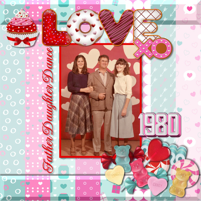 Add these sweet embellishments, patterned papers, clusters, and 2 alpha sets by Lucky Girl Creative digital art to all your holiday digital scrapbooking pages! In hues of pink, teal, and white, these sweet elements will add so much fun to all your Valentine's Day projects including greeting cards and holiday decor. Embellishments include cake pop, cake, candy cane, heart, candy corn, cookie, cupcake, donut, doughnut, peppermint, ribbon, candy, hard candy, sucker, lollipop, chocolate dipped strawberry.