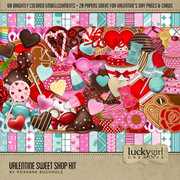 Add these sweet embellishments and patterned papers by Lucky Girl Creative digital art to all your holiday digital scrapbooking pages! In hues of pink, teal, and white, these sweet embellishments and digital papers add so much fun to all your Valentine's Day projects including greeting cards and holiday decor. Embellishments include cake pop, cake, candy cane, heart, candy corn, cookie, cupcake, donut, doughnut, peppermint, ribbon, candy, hard candy, sucker, lollipop, chocolate dipped strawberry, chocolate.