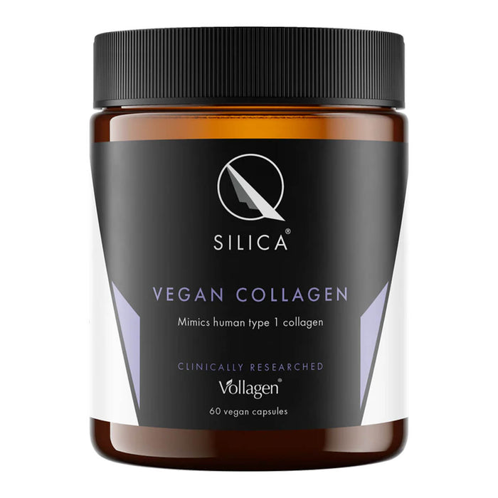 Vegan collagen supplement jar with black lid and label on a white background.