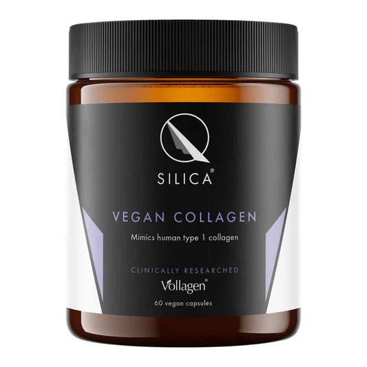 Vegan collagen supplement jar with black lid and label on a white background.