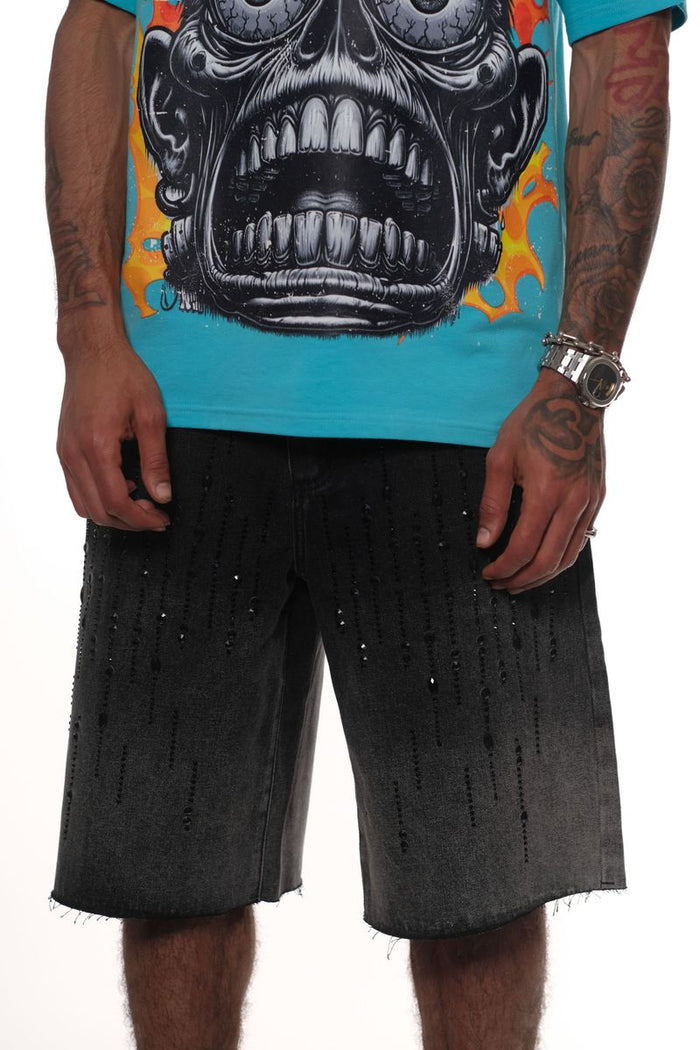 Detailed shot of rhinestone embellishments on Vicious Black Denim Shorts emphasizing craftsmanship