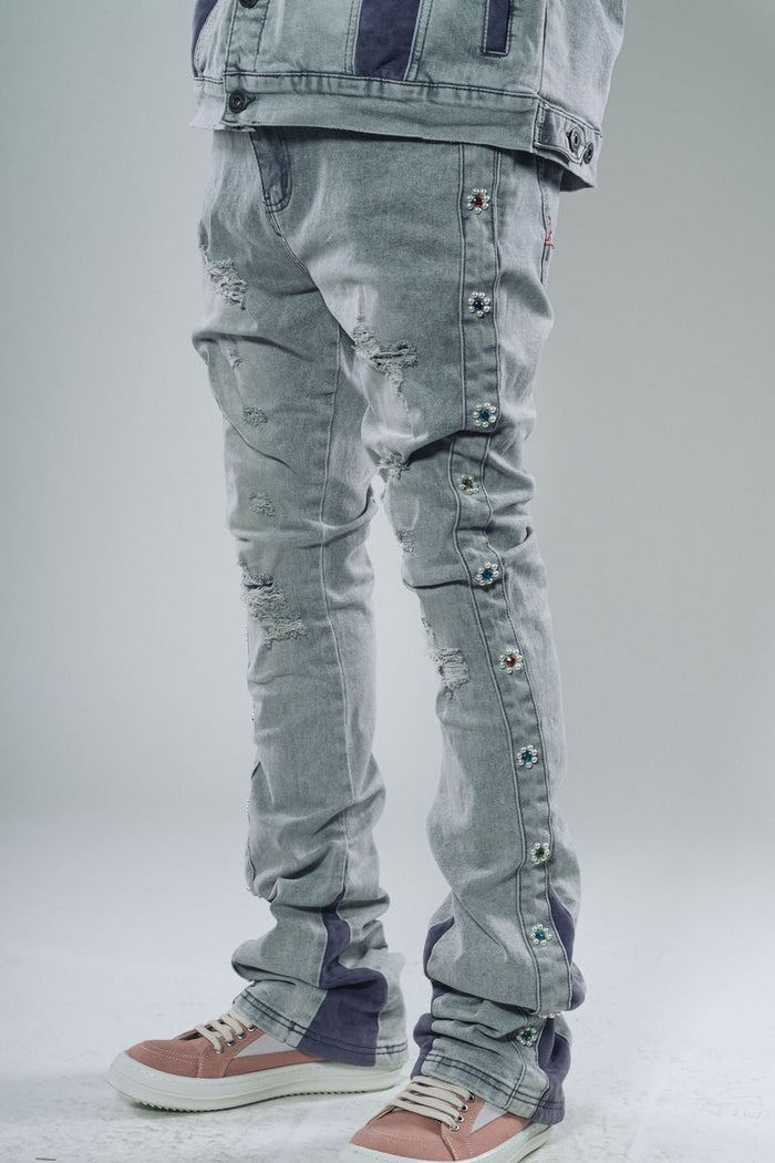 Vicious Light Grey Suede Sew & Pearl Cut Denim Flared Jeans (VC612) style VC612 LIGHT GREY