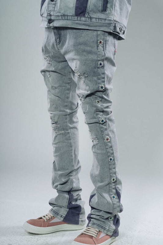 Vicious Light Grey Suede Sew & Pearl Cut Denim Flared Jeans (VC612) style VC612 LIGHT GREY