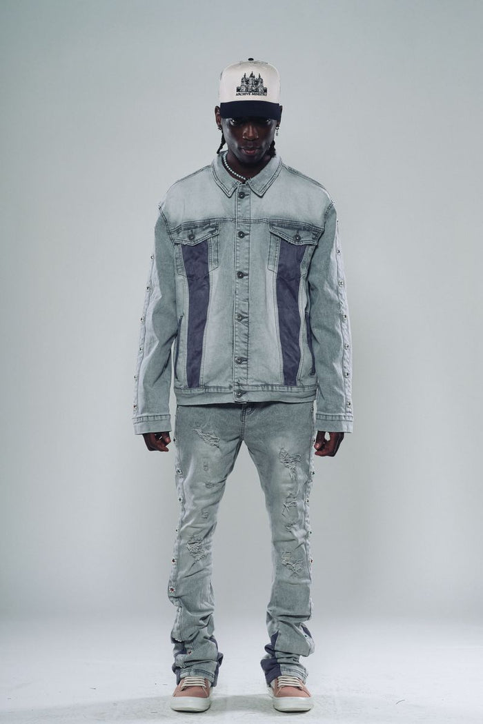 Modern and stylish Vicious Light Grey Suede Sew & Pearl Cut Denim Flared Jeans (VC612) on a model