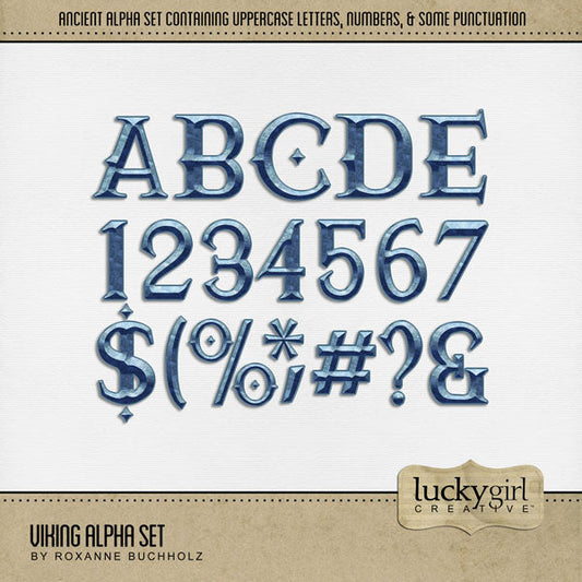 These beveled blue metal alphabet and number digital scrapbooking embellishments by Lucky Girl Creative digital art are easy to use for everyday digital scrapbook page titles and inspired by Nordic Vikings and ancient runes. Use for documenting travel and Nordic vacations to Scandinavia - Denmark, Norway, Sweden, Finland, and Iceland. Also great for Frozen adventures and winter pages including skiing, ice skating, hockey, and curling.