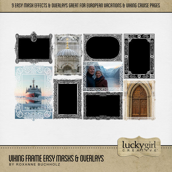 Create your own unique photo frames with these stylish Celtic knot easy masks & overlays by Lucky Girl Creative digital art for digital scrapbooking. Fill the textures with your favorite color, photo, or paper. Use for documenting travel and vacations to Scandinavia - Denmark, Norway, Sweden, Finland, and Iceland. In Photoshop, add the photo mask to your page, overlay with your favorite photo, and create a clipping path for a stunning result. This kit is included in the Viking Watercolor Bundle.