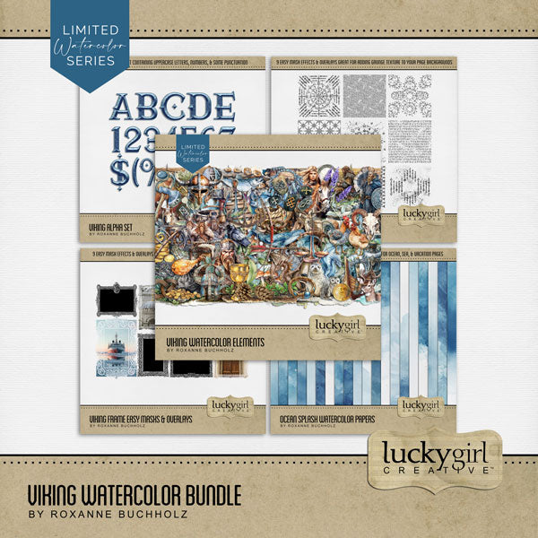 Add these beautiful watercolor embellishments, papers, easy masks, and coordinated alpha set by Lucky Girl Creative digital art to all your Scandinavian, Viking, and Nordic family history digital scrapbooking albums! Use for documenting travel and vacations to Scandinavia - Denmark, Norway, Sweden, Finland, and Iceland as well as other locations in Europe. Embellishments include crow, chicken, deer, stag, dragon, fish, Icelandic horse, seal, whale, wolf, building, village, town, calendar, dock, pier.