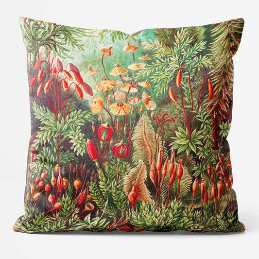 A square-shaped cushion with a vintage mushroom forest pattern printed on a faux-suede fabric.