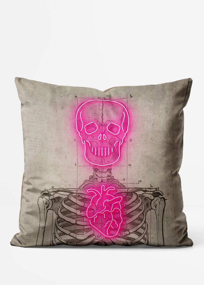 Vintage Neon Skeleton Cushion, front view in pink