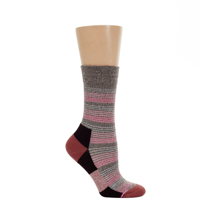 Medium weight crew socks with a striped pattern in shades of brown, pink, and maroon.