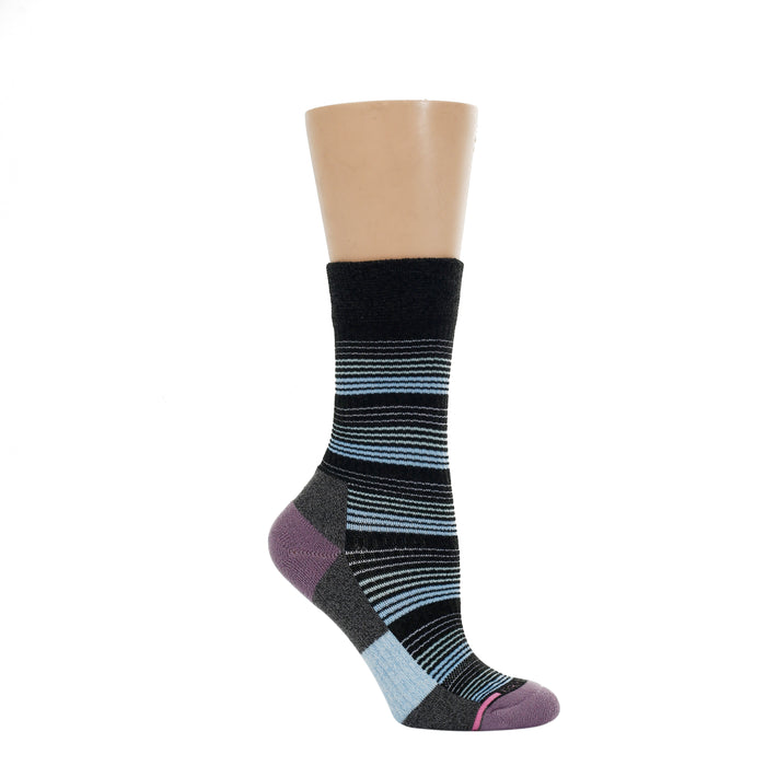 Medium weight crew sock featuring a striped pattern in shades of blue, black, and purple.