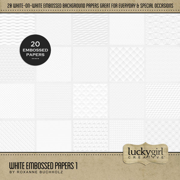 These beautiful white embossed digital scrapbooking papers by Lucky Girl Creative digital art are the perfect background for everyday and special occasions, too! Wonderful for wedding, graduation, baby, birthday, and anniversary! This kit is included in the White Embossed Papers Bundle.